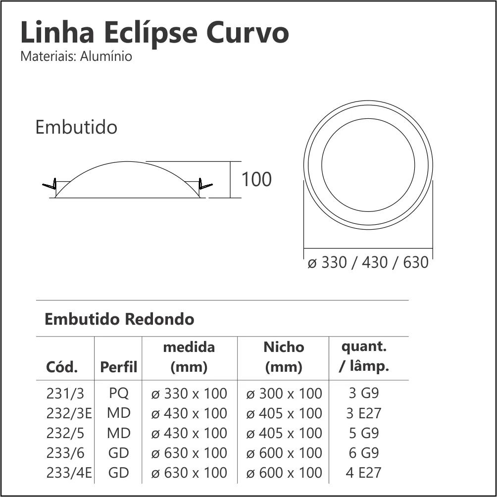 Luminária De Embutir Eclipse Curvo 6Xg9 Ø60X11Cm Metal | Usina 233/6 (PT - Preto Texturizado + BR-F - Branco Fosco)