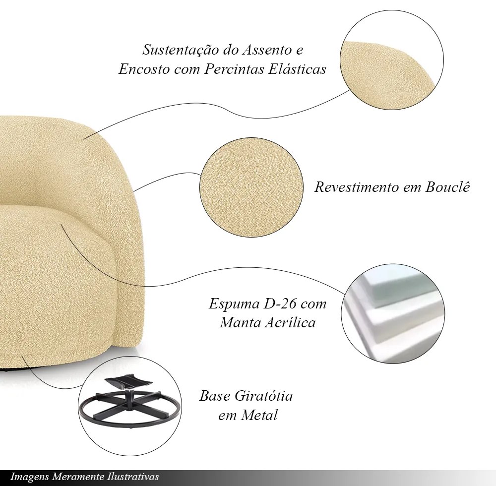 Kit 2 Poltronas Decorativas Jenny Base Giratória em Metal Preto Bouclê Bege G45 - Gran Belo