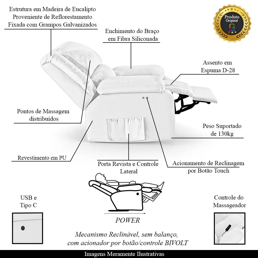 Poltrona do Papai Reclinável Melim Power Touch Massagem PU Branco FH1 - D'Rossi