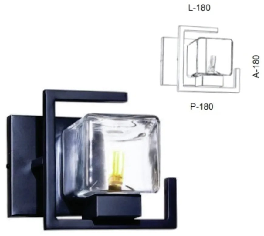 Arandela Vidro Quadrado 18X18X18Cm Metal E Vidro Cubo 01Xg9 |Old Artis... (PRETO, CLEAR (TRANSPARENTE))