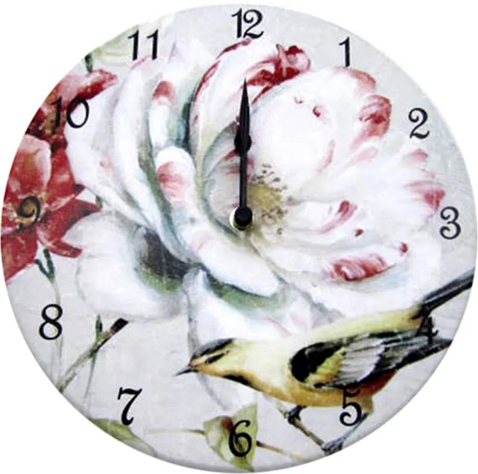 Relógio de Parede Flor Branca e Pássaro Amarelo em Madeira MDF