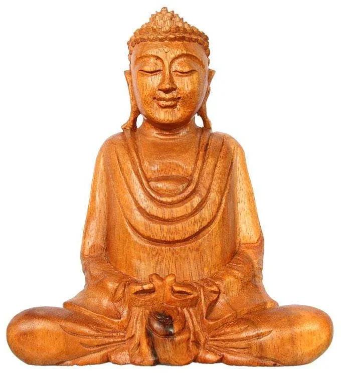 Escultura Buda Meditando em Madeira Suar