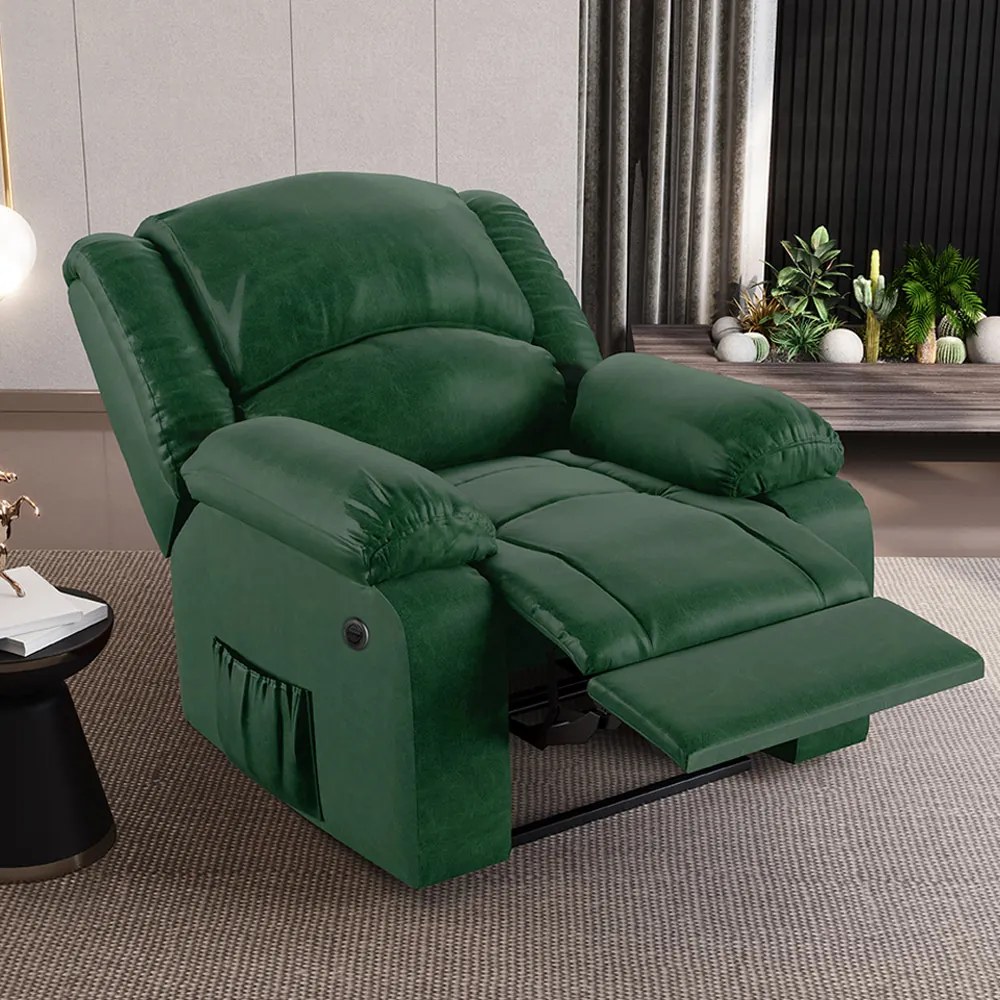 Poltrona do Papai Reclinável Sala de Cinema Madrid Power Elétrica Massagem USB PU Verde Musgo  G23 - Gran Belo