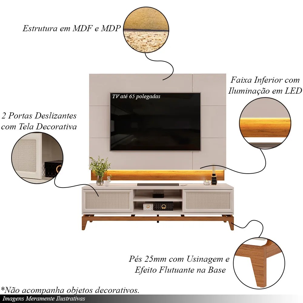 Painel com Bancada Sala de Estar 183cm Esfinge para TV até 65 Led Portas com Tela Off White/Freijó G18 - Gran Belo