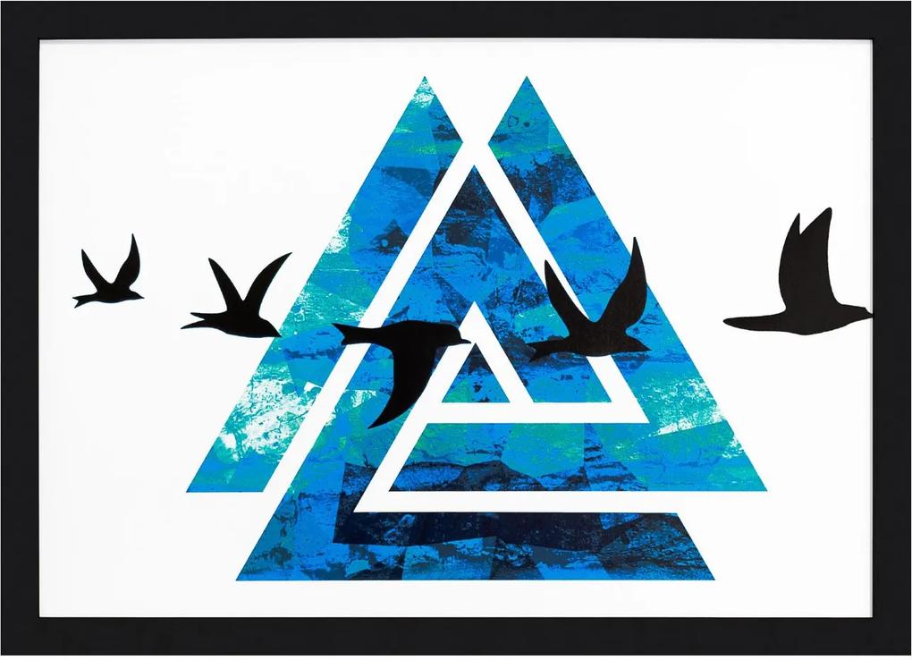 Quadro Decorativo Com Moldura Preta Triângulo Azul Pássaros 50x35cm