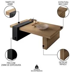 Mesa de Centro Com Detalhe Ripado Tammy H01 Preto/Freijó - Mpozenato