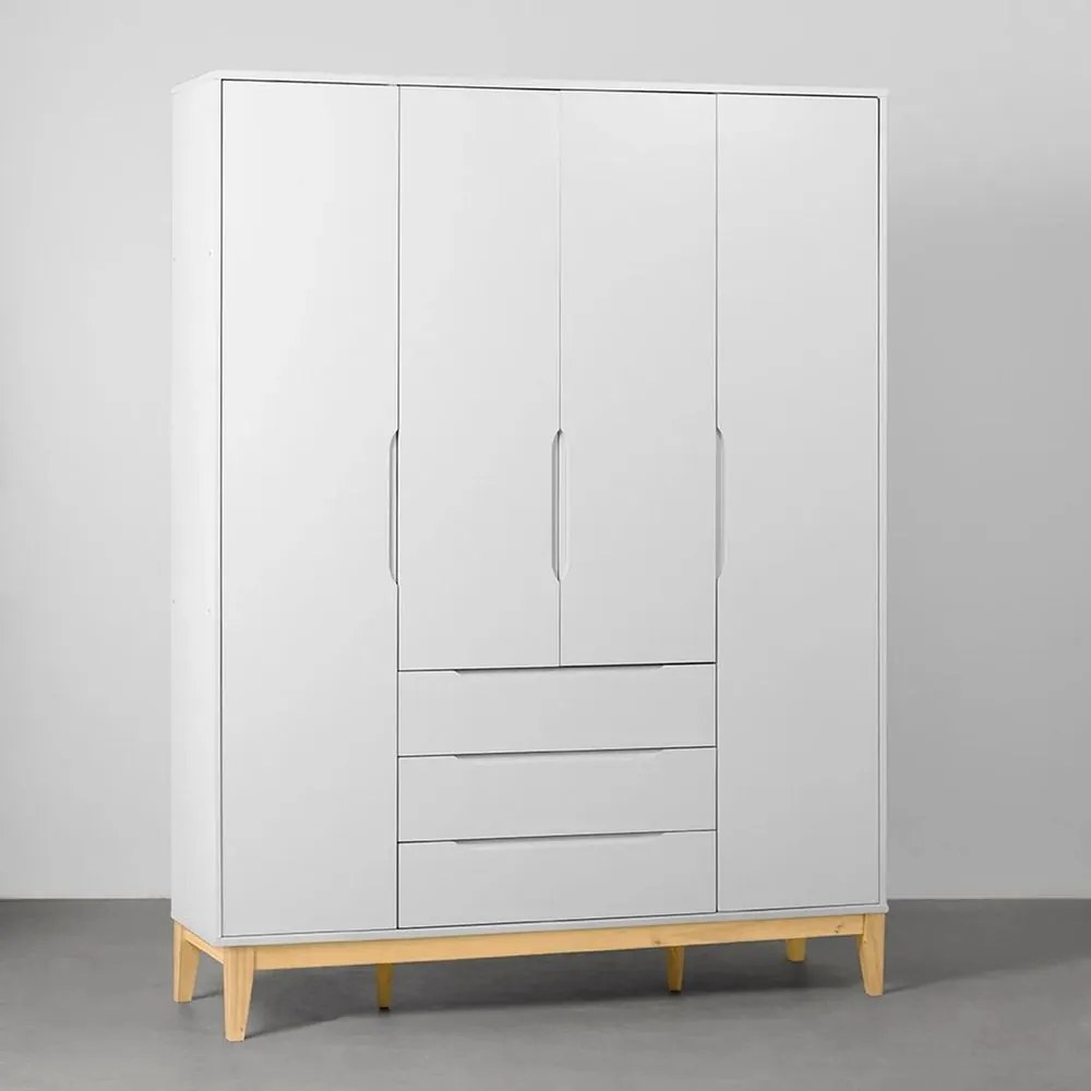 Guarda-Roupa Elfe 4 Portas e 3 Gavetas com Pés Square Natural – Branco Fosco