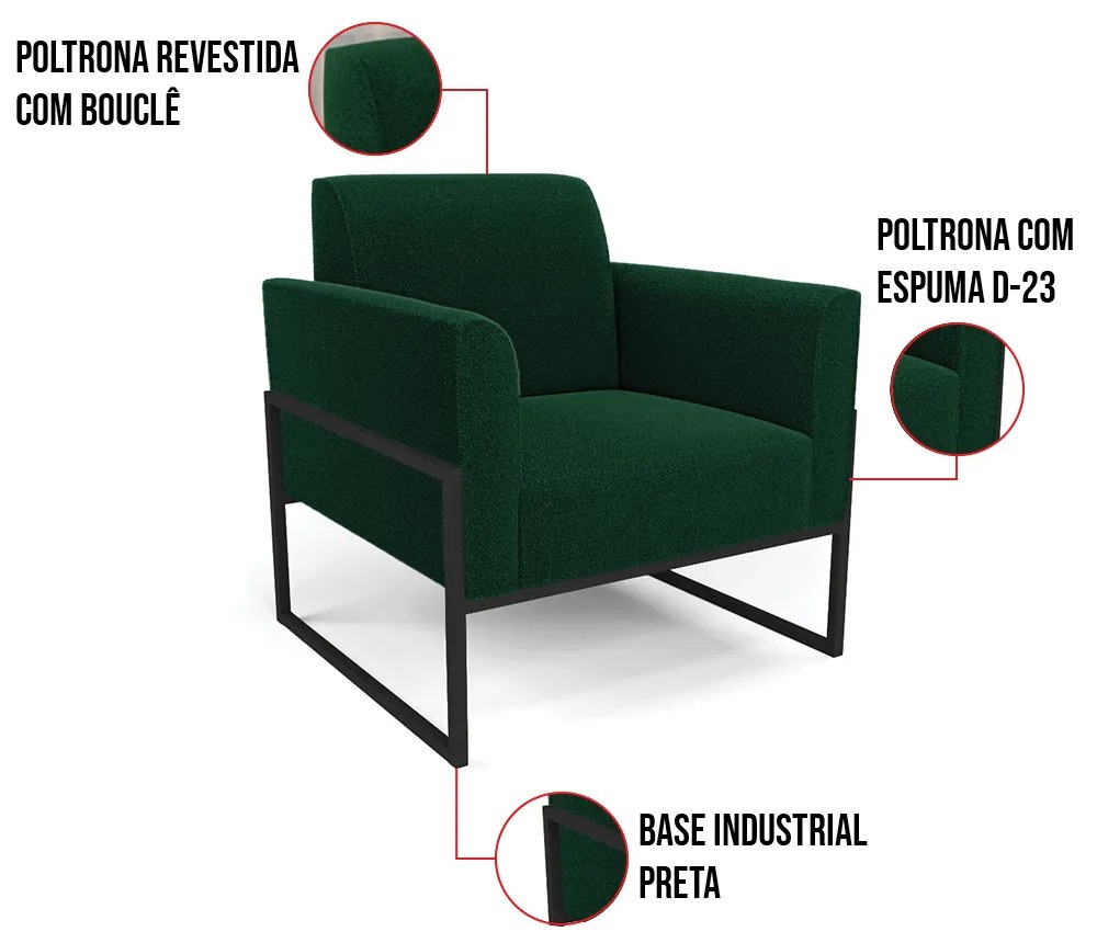 Namoradeira e 2 Poltronas Industrial Alta Preto Marisa Bouclê Verde D03 - D'Rossi