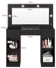 Penteadeira Camarim Com Espelho e LED 3 Gavetas Studio Beauty A02 Pret