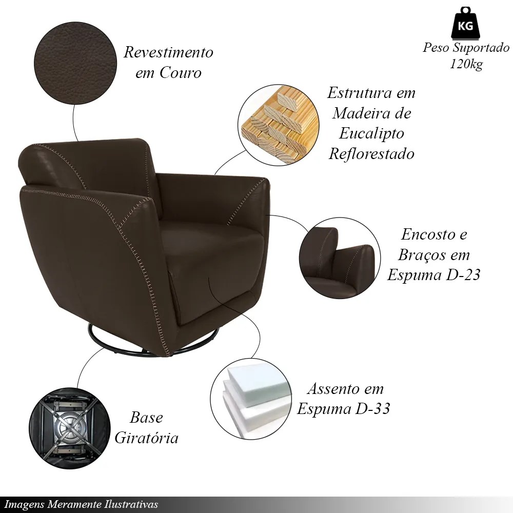 Kit 2 Poltronas Decorativas Valentina Sala de Estar Giratória Couro Marrrom Capuccino G40 - Gran Belo