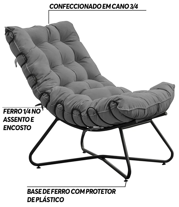 Kit 2 Poltronas Decorativas Sala de Estar Caim Base de Ferro Preto Linho Cinza G41 - Gran Belo