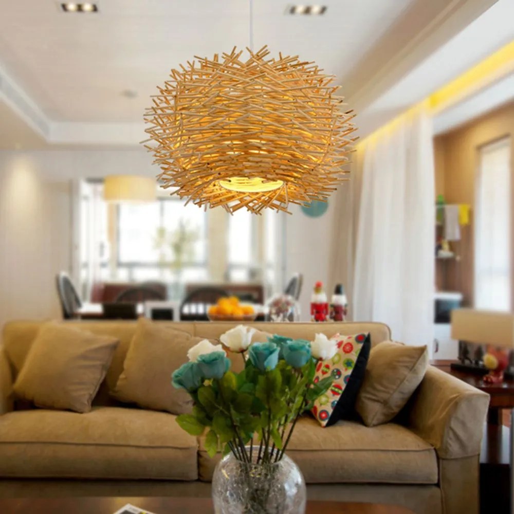 Pendente Luminaria Rattan lustre ninho de pássaro lâmpada sala estar jantar pastoral fazenda barra lâmpada do teto lustre rattan lâmpada de bambu - Modelo-30cm