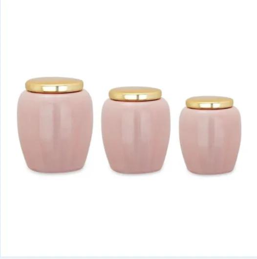 3 Potes de Cerâmica Rosa e Dourado 8945 Mart