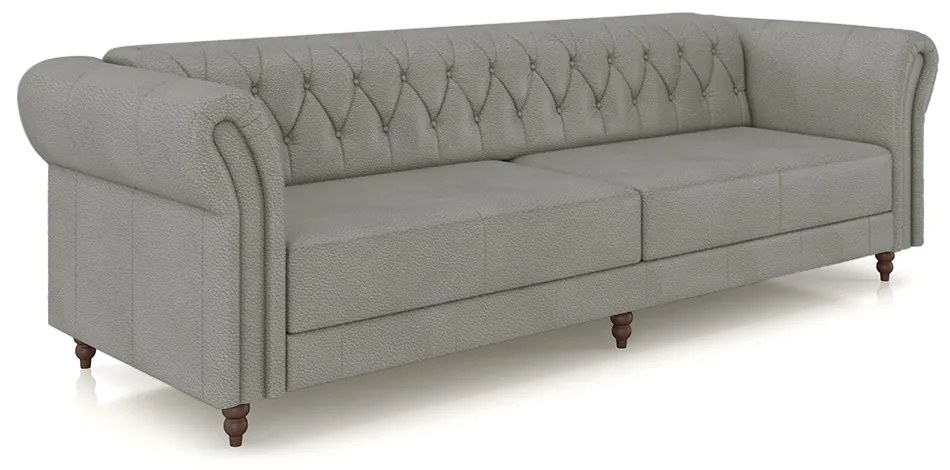 Sofá Living Sala de Estar Stanford Chesterfield 3 Lugares 240cm Pés de Madeira Couro Cinza G58 - Gran Belo