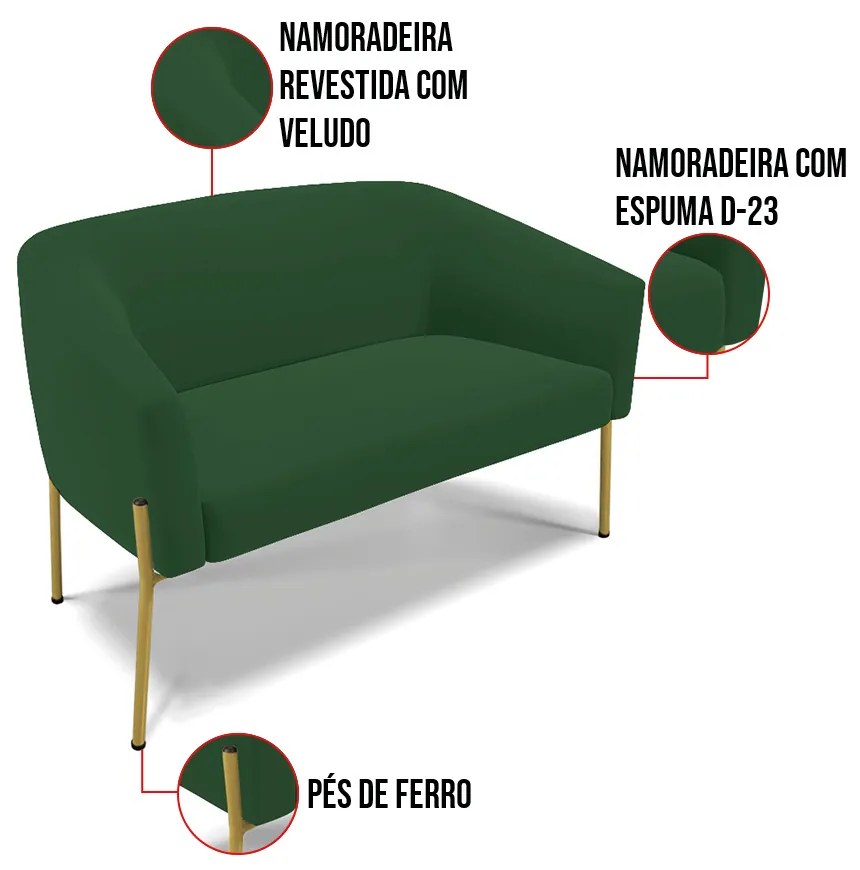 Sofá 2 Lugares Namoradeira Pé de Ferro Dourado Stella Veludo D03 - D'Rossi - Verde