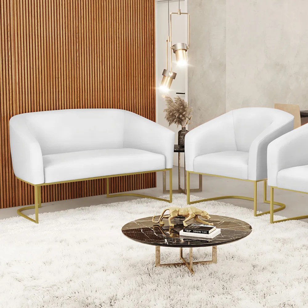 Sofá Namoradeira e Poltrona Base Industrial Dourado Stella Sintético D03 - D'Rossi - Branco