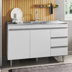 Balcão Gabinete com Pia Inox 120cm 2 Portas 3 Gavetas Andréia Branco -