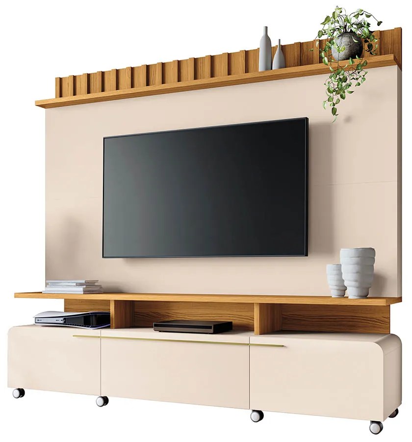 Estante de TV 70 Pol 200cm Ripado Jane Off White/Cinamomo H01 - D'Rossi