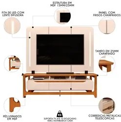 Painel Para TV 75 Pol Com LED e Rack Bancada 200cm Valenza D04 Off Whi