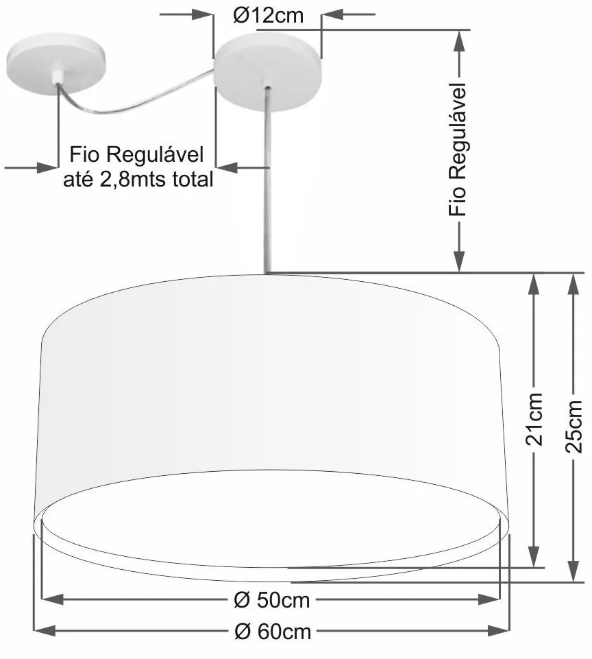 Lustre Pendente Cilíndrico Com Desvio de Centro Vivare Md-4317 Cúpula em Tecido 60x25cm - Bivolt