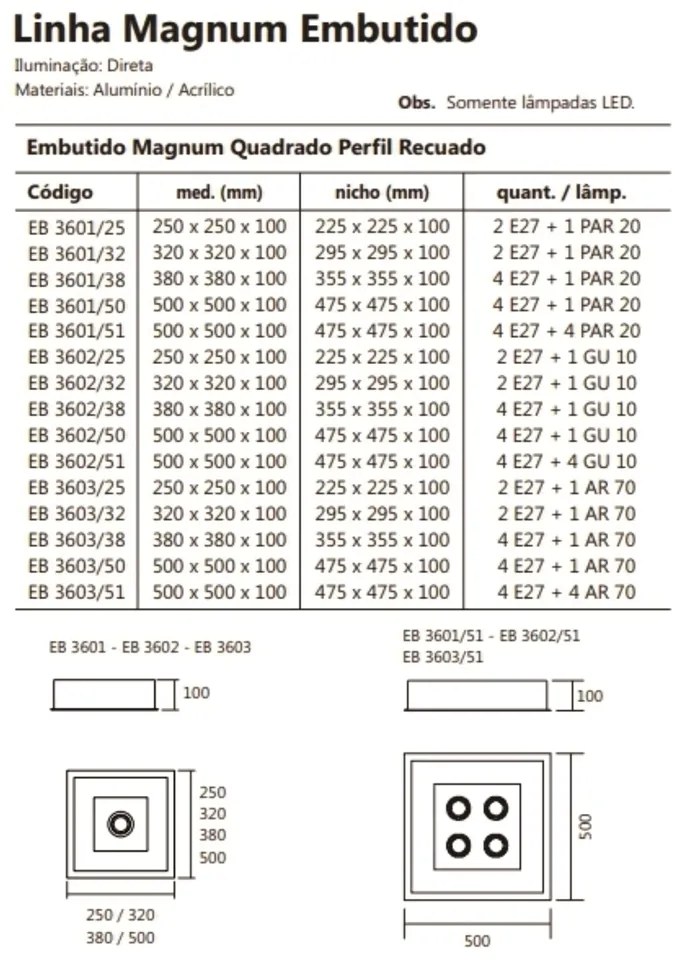 Luminária De Embutir Magnum Quadrado 38X38X10Cm 4L E27 + 01 Gu10 Mr16... (ND-B - Nude Brilho)