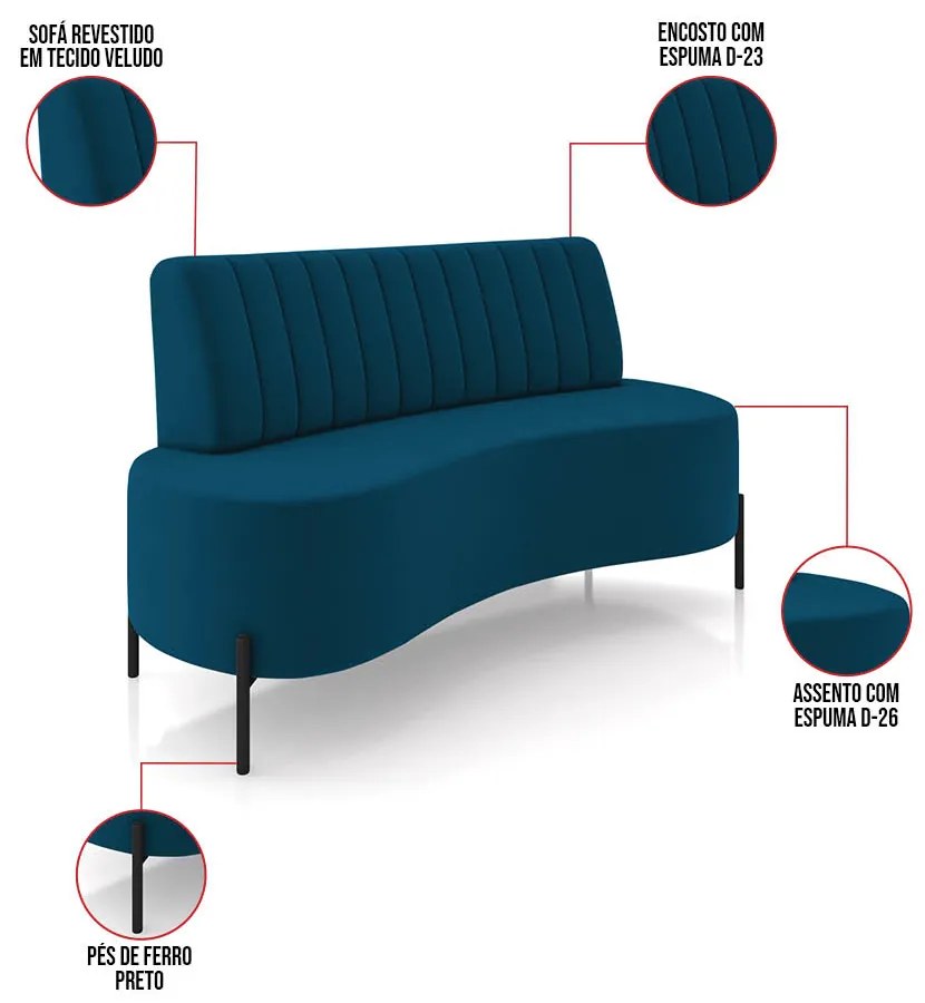 Sofá 2 Lugares Living 135cm Pé Ferro Pto Maraú Veludo Azul Marinho K01 - D'Rossi