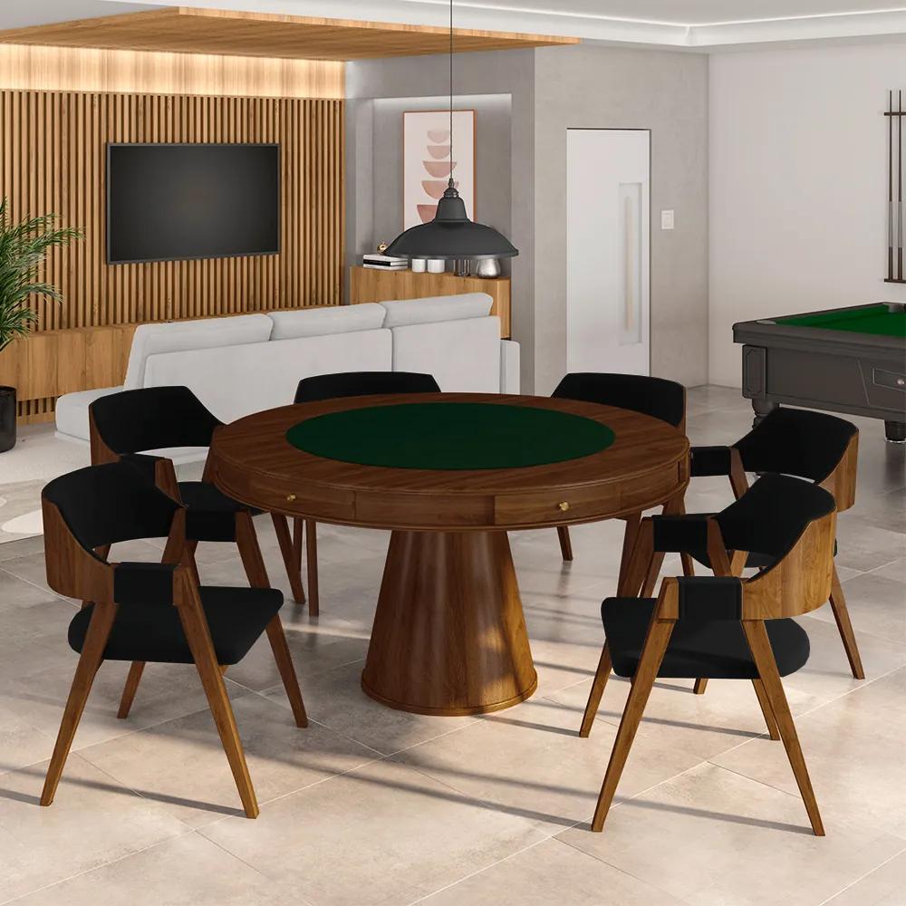 Conjunto Mesa de Jogos Carteado Bellagio Tampo Reversível e 6 Cadeiras Madeira Poker Base Cone Veludo Preto/Imbuia G42 - Gran Belo