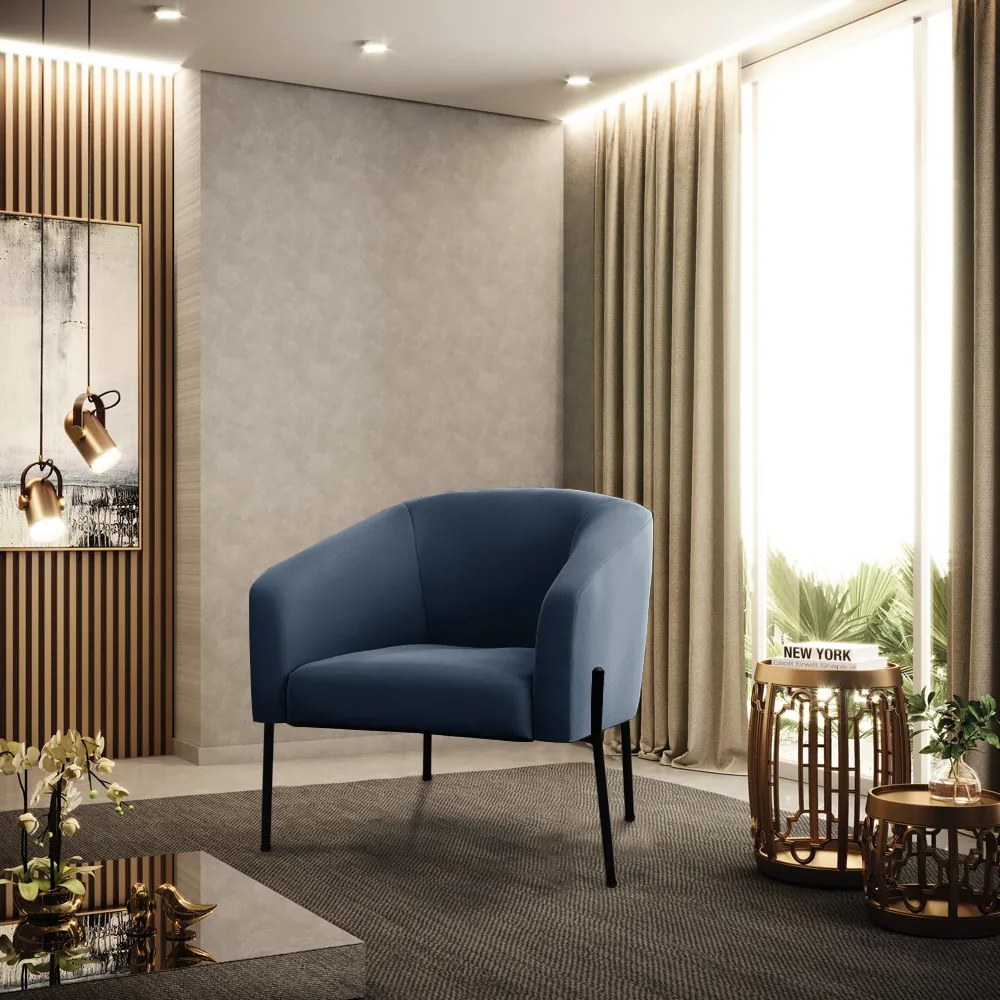 Poltrona Decorativa Pé de Ferro Preto Kit 2 Stella Suede D03 - D'Rossi - Azul Marinho