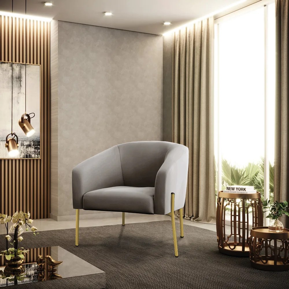 Poltrona Decorativa Pé de Ferro Dourado Kit 2 Stella Veludo Cinza D03 - D'Rossi