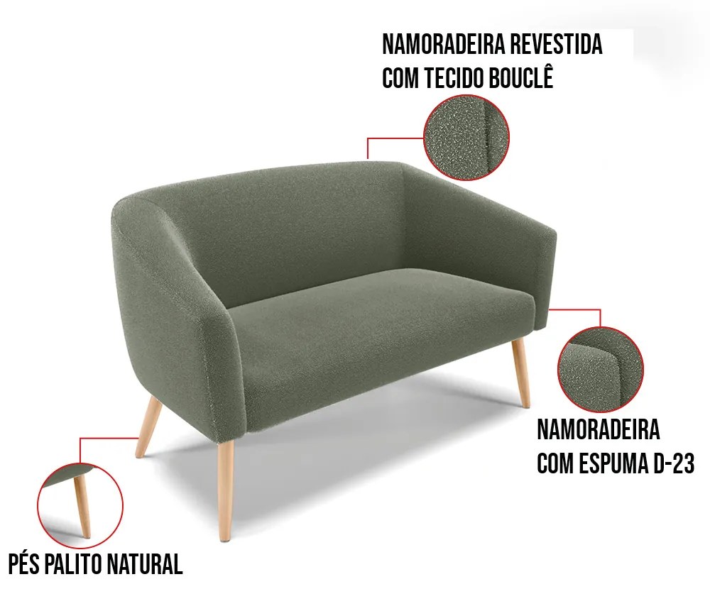 Namoradeira e 2 Poltronas Pé Palito Natural Stella Bouclê Menta D03 - D'Rossi