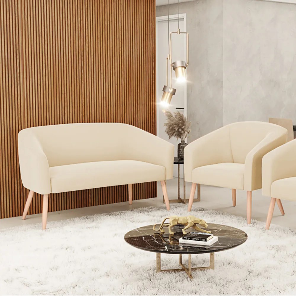 Sofá Namoradeira e Poltrona Pé Palito Natural Stella Suede D03 - D'Rossi - Bege