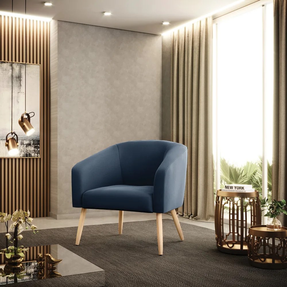 Poltrona Decorativa Pé Palito Natural Kit 2 Stella Suede D03 - D'Rossi - Azul Marinho