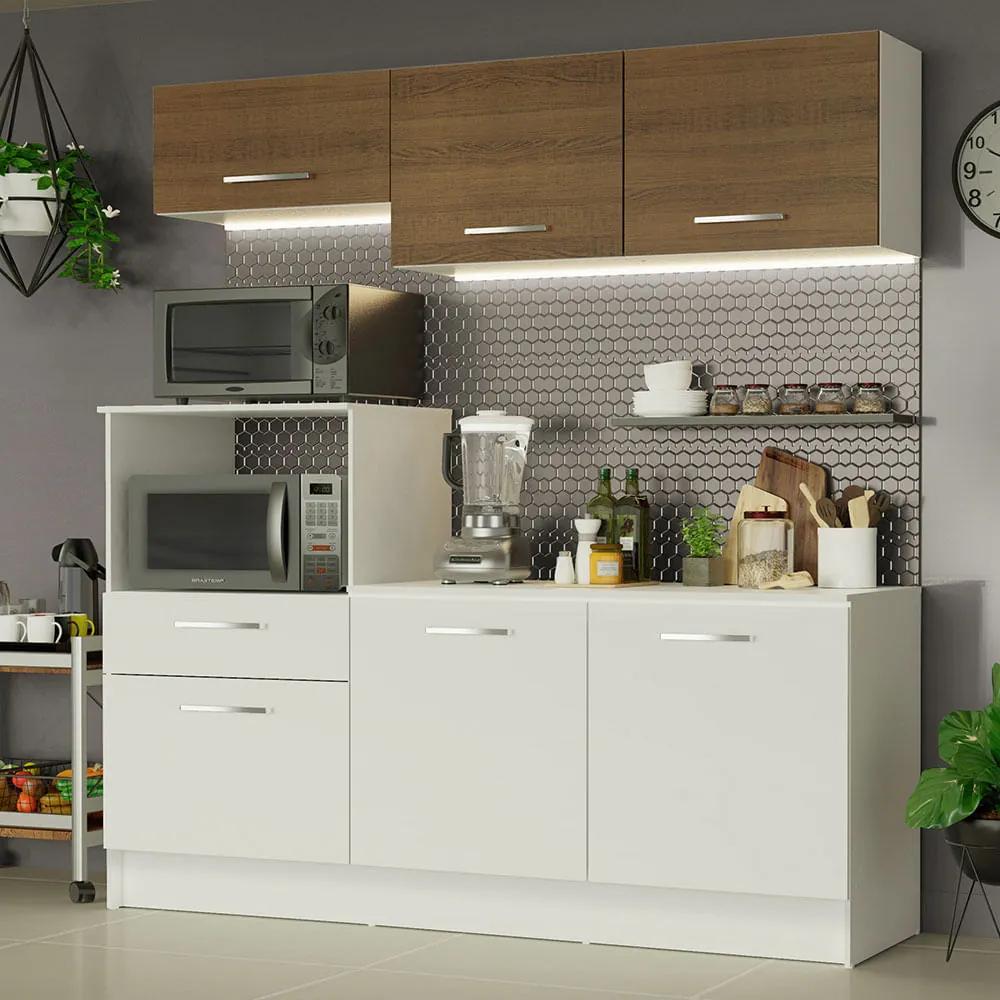 Cozinha Compacta Madesa Onix 180001 com Armário e Balcão Branco/Rustic 099B Cor:Branco/Rustic