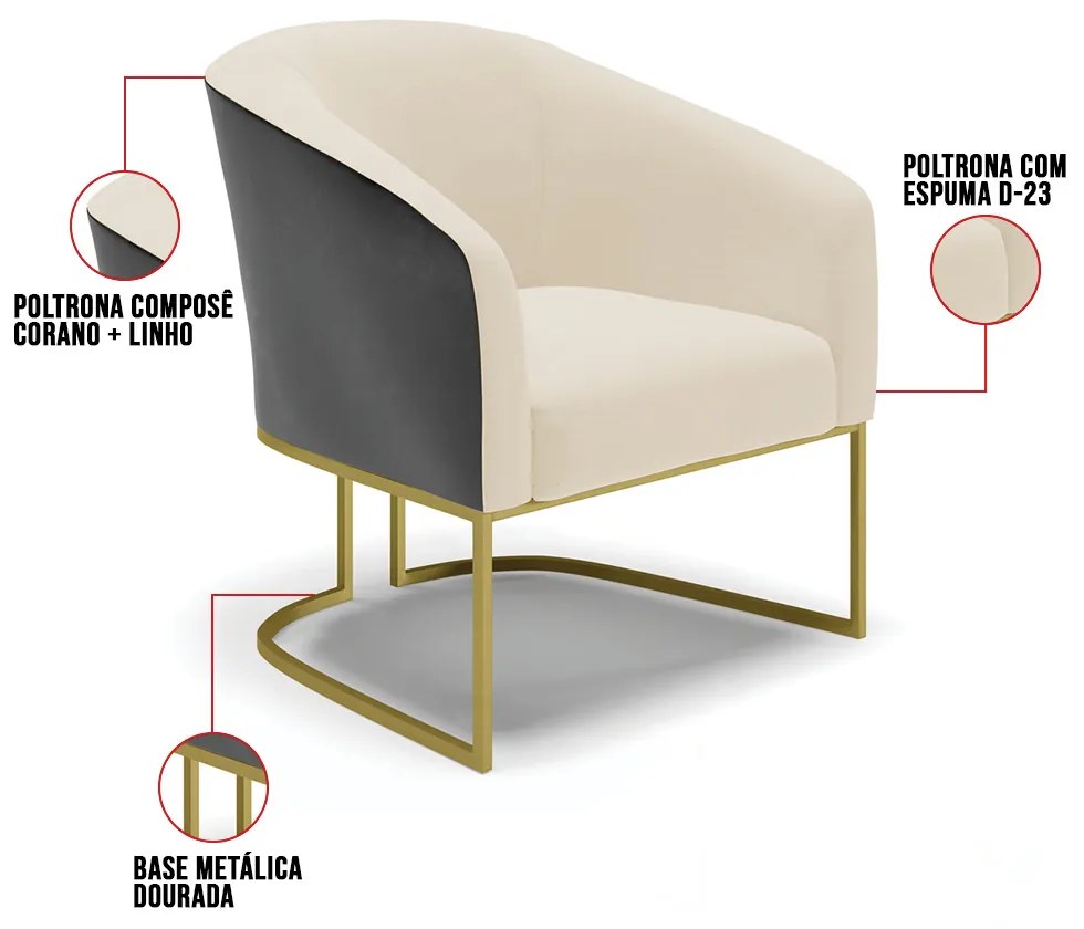 Namoradeira 2 Poltronas Industrial Dourado Stella Pto/Linho D03 - D'Rossi - Bege