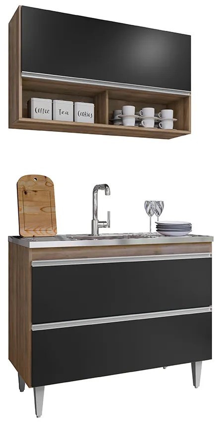 Conjunto Balcão de Cozinha Armário Aéreo Wollo MDP/BP Freijó/Preto G96 - Gran Belo
