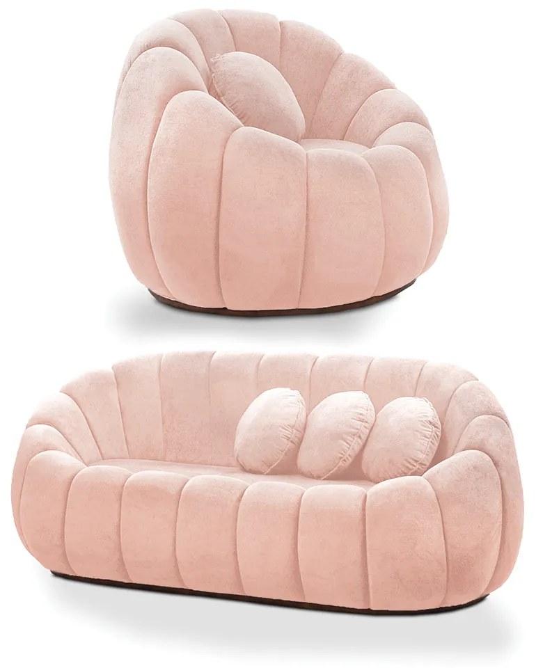 Sofá 2 Lugares com Poltrona Giratória Orgânica Cloud Bouclê E03 - D'Rossi - Rose