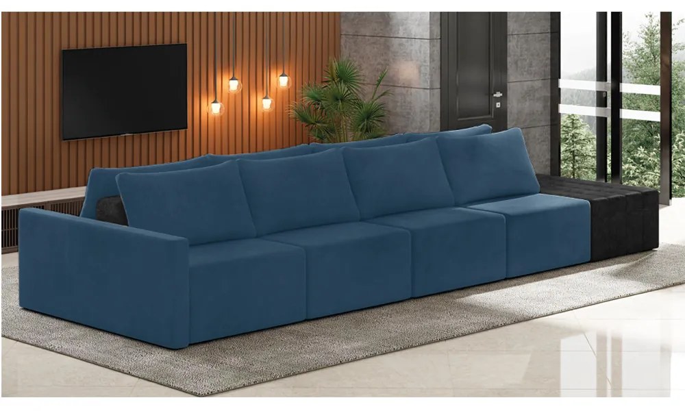 Sofá Ilha 4 Lugares Living 432cm Modulado Sala Lary Veludo/PU Pto K01 - D'Rossi - Azul Marinho