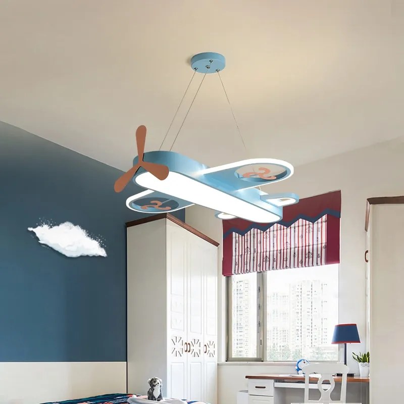 Lustres infantil avião moderno conduziu a lâmpada pingente para o quarto das crianças em casa crianças bebê meninos avião pendurado lustre de teto decoração luminária - Azul-Bebê - Dia550mm | Branco quente