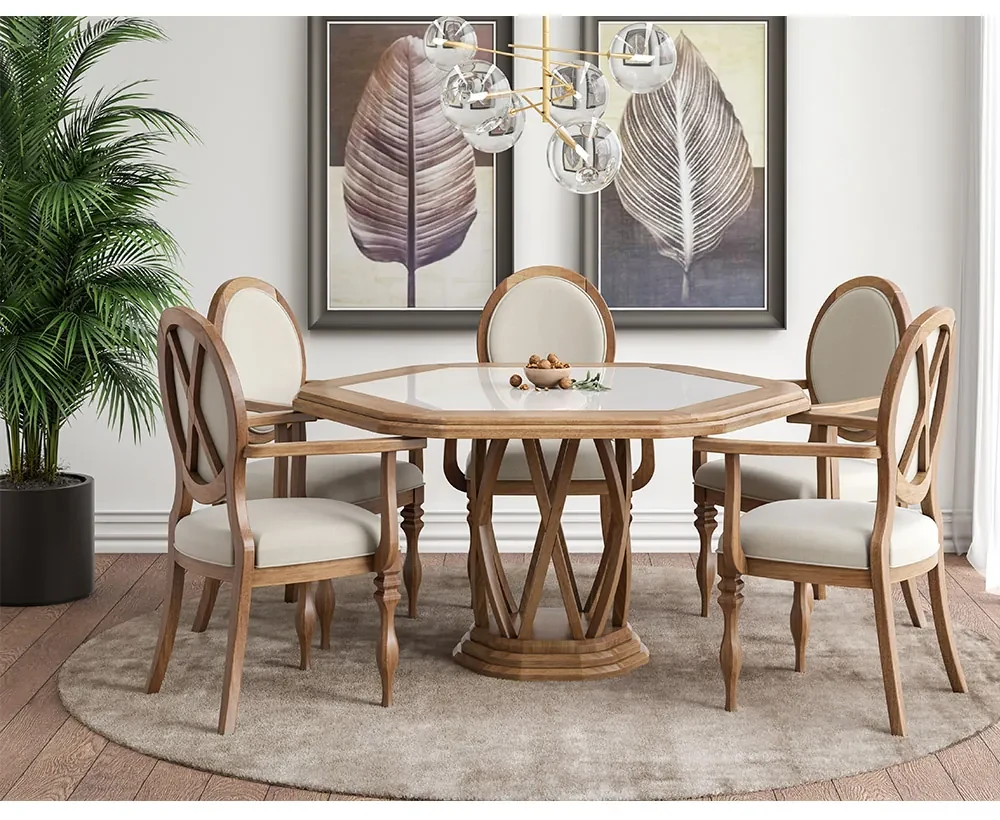 Conjunto Sala de Jantar Mesa Bonnie com 6 Cadeiras Medalhão Palha - Wood  Prime 38716