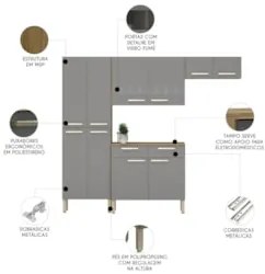 Cozinha Compacta Com Balcão 221cm Vivian Freijó/Gris Z06 - Mpozenato