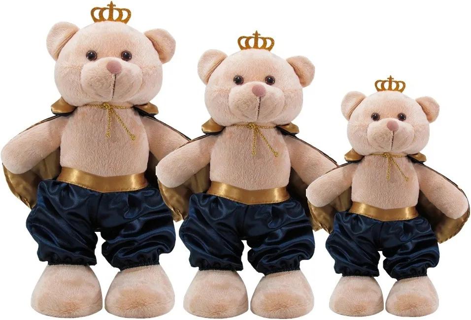 Kit 3 Peças Ursos Soft Pequeno, Médio e Grande Príncipe Capa Cetim Marinho e Dourado com Coroa