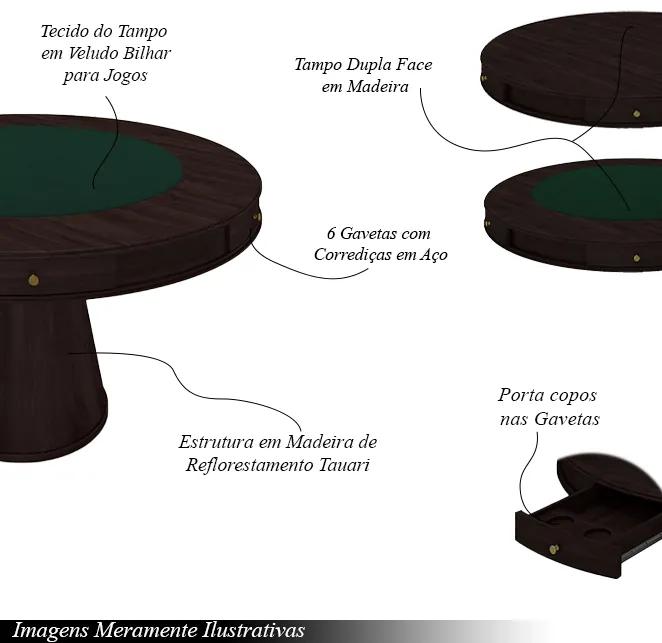 Conjunto Mesa de Jogos Carteado Bellagio Tampo Reversível Verde e 6 Cadeiras Madeira Poker Base Cone Linho Cinza/Tabaco G42 - Gran Belo