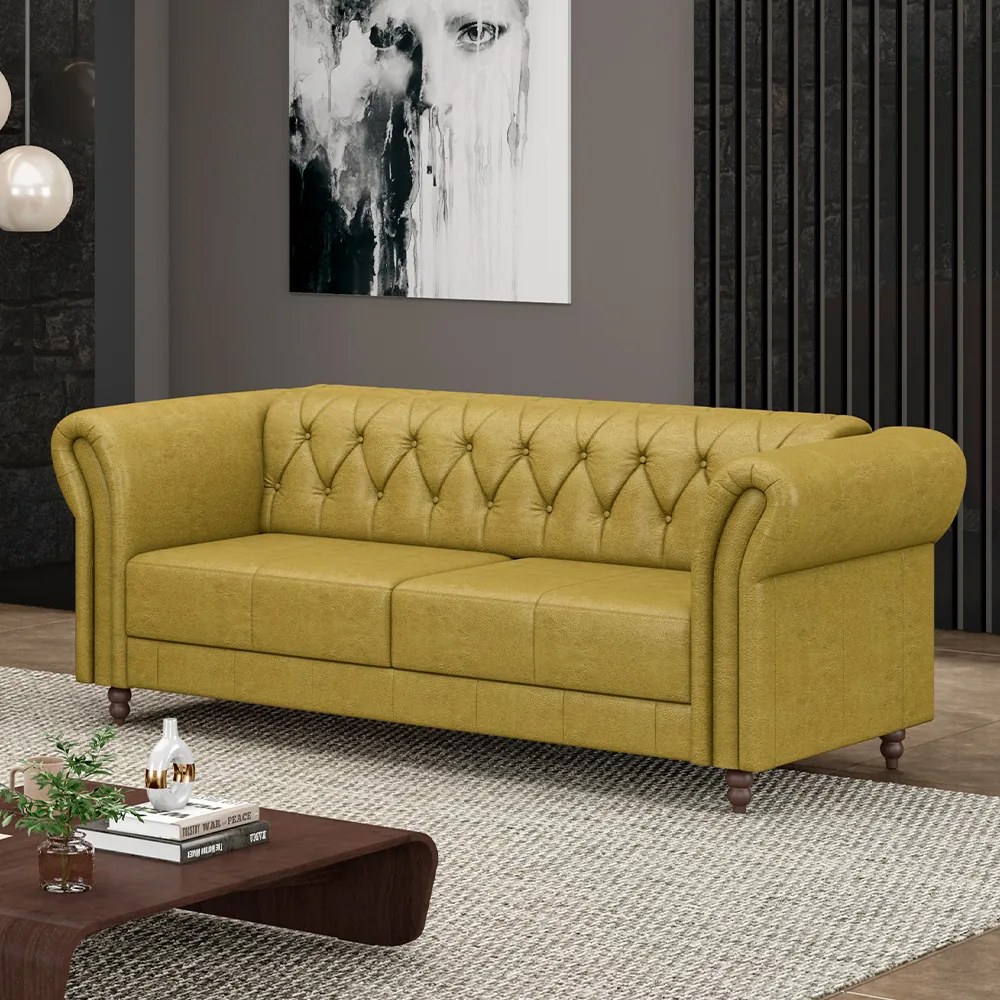 Sofá Living Sala de Estar Stanford Chesterfield 2 Lugares 200cm Pés de Madeira Couro Bege Manchado G58 - Gran Belo