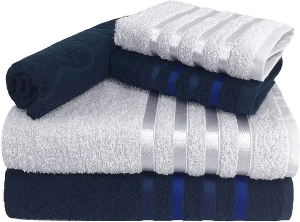 Jogo de Toalha 5 Peças kit de toalhas 2 banho 2 rosto 1 piso Azul e Branca