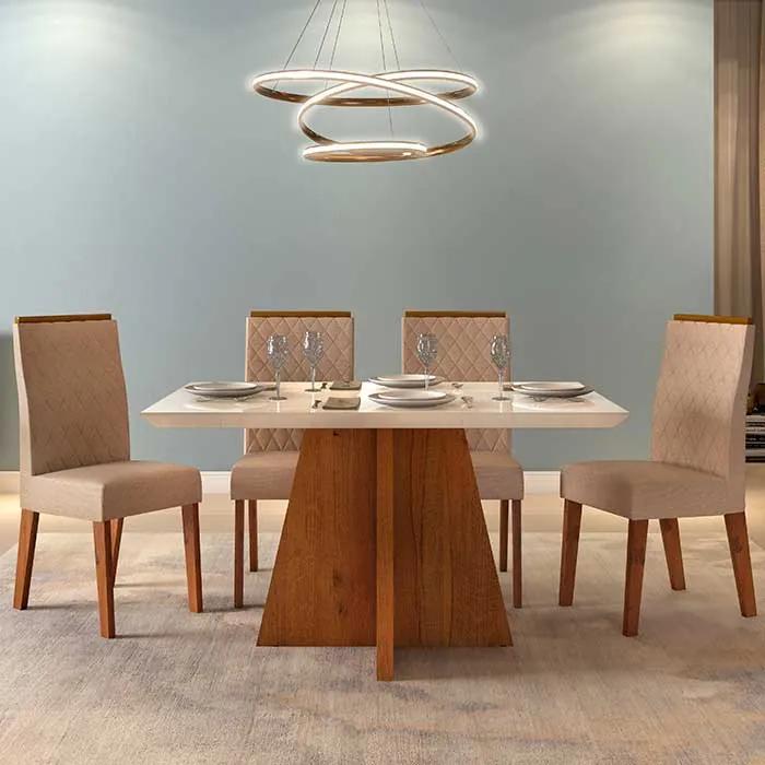 Mesa de Jantar Talía 120cm Rústico Terrara Off White + 4 Cadeiras Cássia Linho Saara