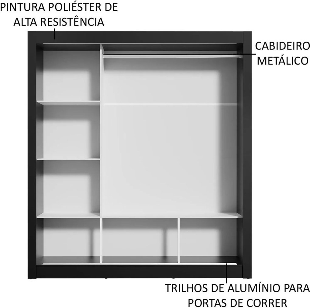 Guarda Roupa Casal Madesa Mônaco 3 Portas de Correr com Espelho Preto