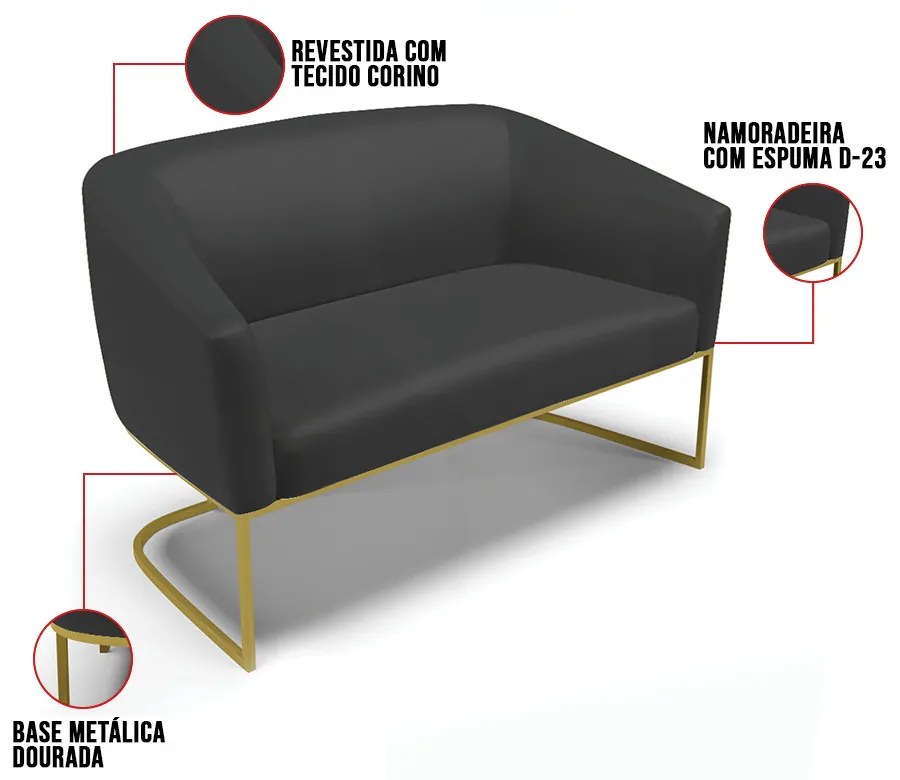 Sofá 2 Lugares Namoradeira Industrial Dourado Stella Sintético D03 - D'Rossi - Preto