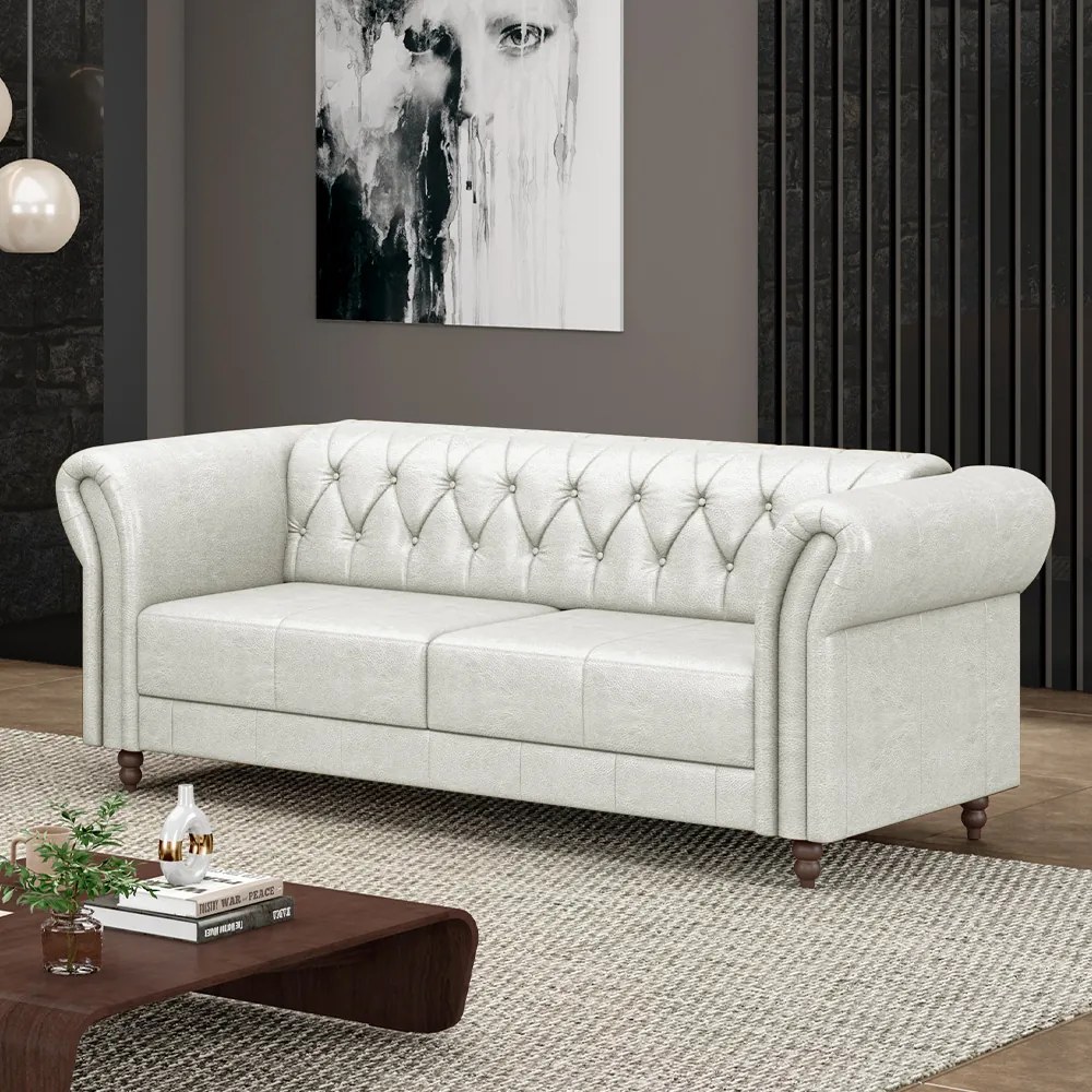 Sofá Living Sala de Estar Stanford Chesterfield 2 Lugares 220cm Pés de Madeira Couro Branco Manchado G58 - Gran Belo