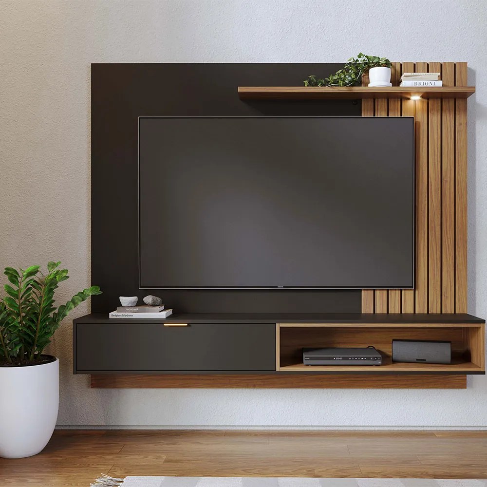 Painel TV 65 Pol 180cm Bancada Suspensa Zurique Preto Fosco/Noce Milano C04 - D'Rossi