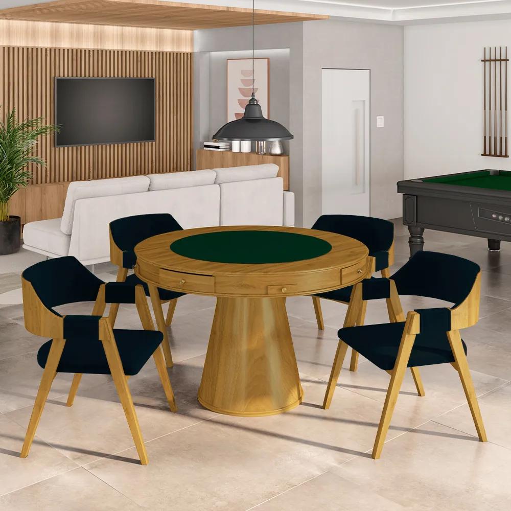 Conjunto Mesa de Jogos Carteado Bellagio Tampo Reversível e 4 Cadeiras Madeira Poker Base Cone Veludo Azul Marinho/Mel G42 - Gran Belo